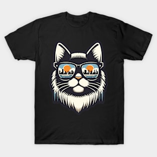 Cat with City Reflection Sunglasses - Cool and Fashion T-Shirt